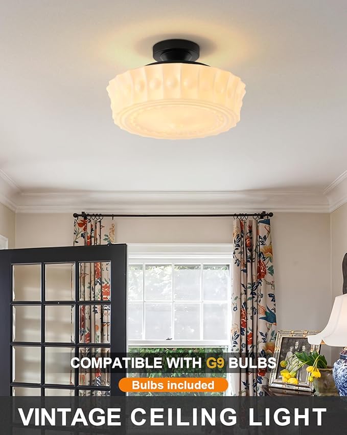Vintage Milk White Glass Ceiling Light,Schoolhouse 13.8'' Flush Mount Ceiling Light Fixture,Mid Century Design for Bedroom,Hallway,Kitchen & Dining Room,4 LED Bulbs Included