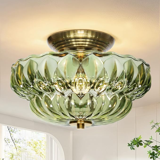 Semi Flush Mount Ceiling Light,11IN Vintage Gold Hallway Lights Fixture,3-Bulb Globe Green Glass Close to Ceiling Light for Bathroom, Hallway, Dining Room,Bulb Not Included
