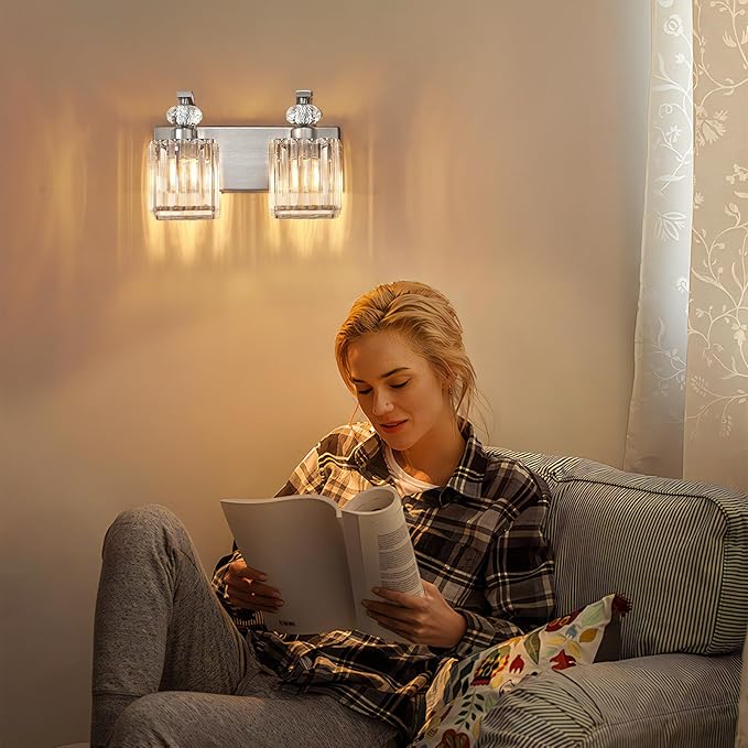 Modern Bathroom Vanity Light, 2-Light Nickel Bathroom Lighting Fixtures Over Mirror, 12.6" Crystal Wall Light Sconce for Bathroom/Bedroom/Vanity, Includes LED Bulbs, Easy Installation