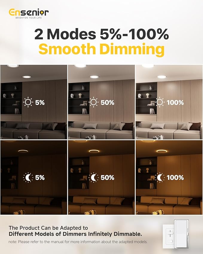 Ensenior 6 Pack 4 Inch LED Recessed Ceiling Light with Night Light, Dimmable, 2700K-5000K 5CCT, 750LM 9W 120V, High Brightness Canless Wafer Downlight - FCC