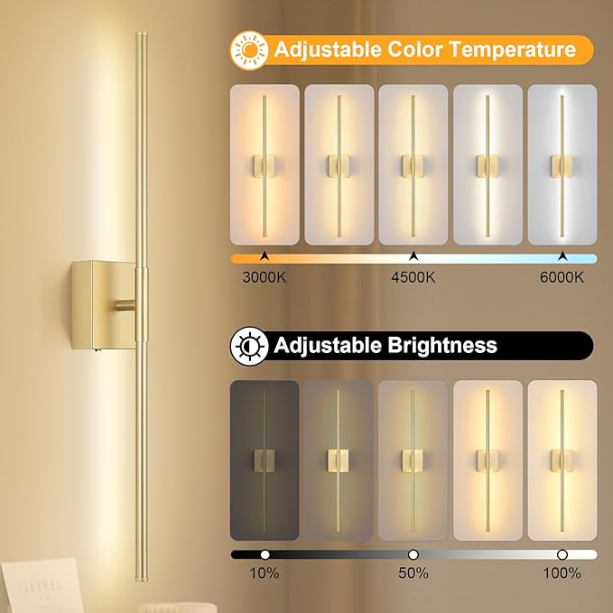 Battery Operated Wall Sconce, 5CCT Dimmable Gold Wall Lights with Remote Control, Timable LED Wireless Wall Sconces, 350° Ratate for Bathroom, Living Room, Hallway 29.1 Inch 1 Pack