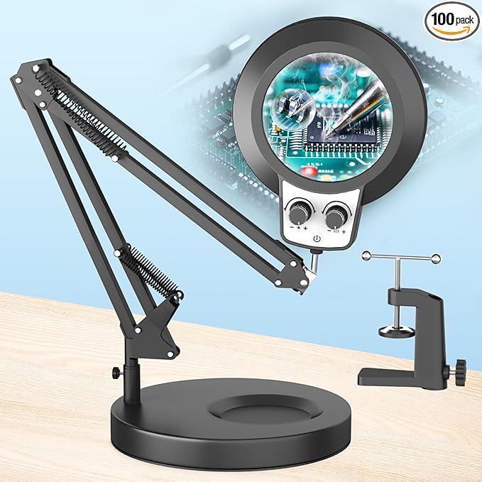 HITTI 12X & 30X Magnifying Glass with Light, Infinite Color and Brightness Desk Lamp & Clamp, 2-in-1 LED Lighted Magnifier Stand for Craft Reading Hobby Soldering Puzzle (12X & 30X Ring Base & Clamp)