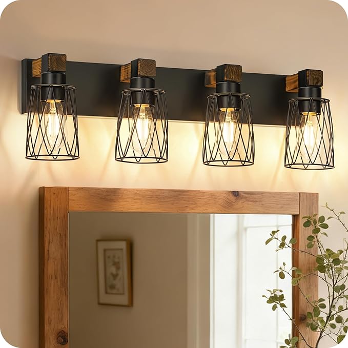 Industrial Farmhouse Bathroom Vanity Light, 4-Light Wood and Metal Wall Light Fixture, E26 Bulbs Not Included, for Bathroom, Vanity, Hallway, Black and Rustic Brown B20BD05