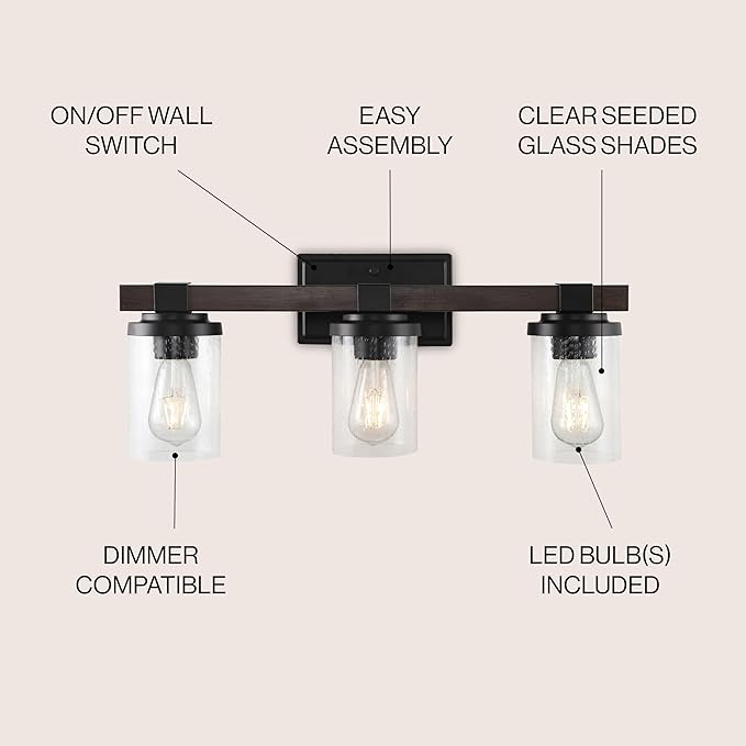 JONATHAN Y 22.75" Oil Rubbed Bronze LED Vanity Light, Rustic Farmhouse Sconce, Clear Seeded Glass Shade, Industrial Wall Lamp for Bathroom Mirror, Kitchen Sink, LED Bulb (JYL7509A)