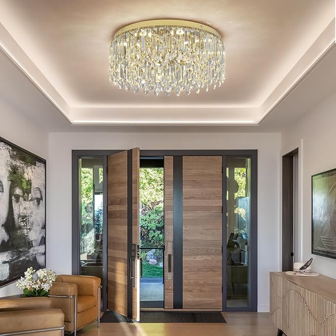 Deckrico 19.7" Gold Crystal Chandelier, Modern Flush Mount Ceiling Light Fixture Luxury Tri-Color LED Lighting for Living Room Dining Room Bedroom