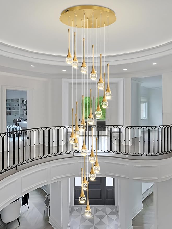 ykolupty 138'' High Ceiling Chandelier for Entryway Gold Raindrop Crystal Chandeliers for Living Room Foyer Staircase Flush Mount Sloping Ceiling Pendant Light Fixture LED Dimming 2700k-6000k