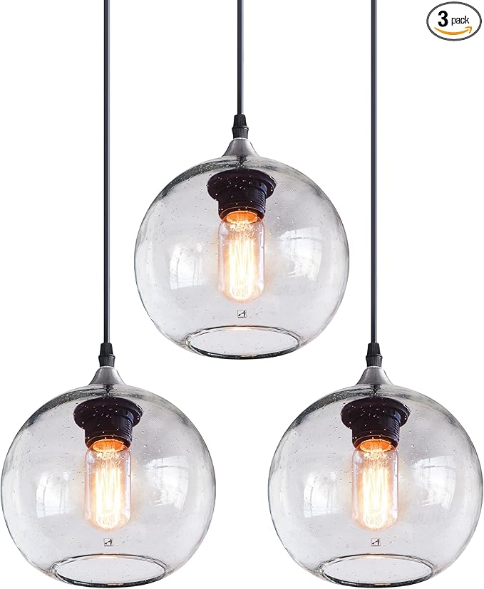 ARIAMOTION Globe Pendant Lights Kitchen Island 3 Pack Hand Blown Glass Modern Rustic Lighting Clear Seeded Bubbles Dining Room Table Coffee Bar Counter Brushed Nickel Lamp 7.4 Inch Diam