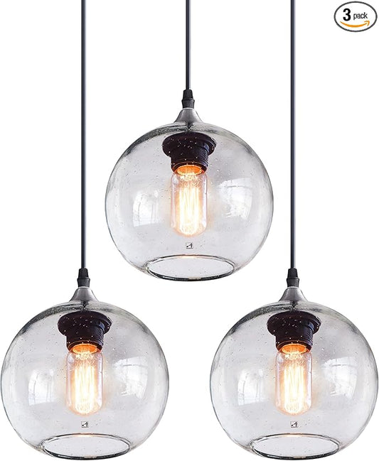 ARIAMOTION Globe Pendant Lights Kitchen Island 3 Pack Hand Blown Glass Modern Rustic Lighting Clear Seeded Bubbles Dining Room Table Coffee Bar Counter Brushed Nickel Lamp 7.4 Inch Diam
