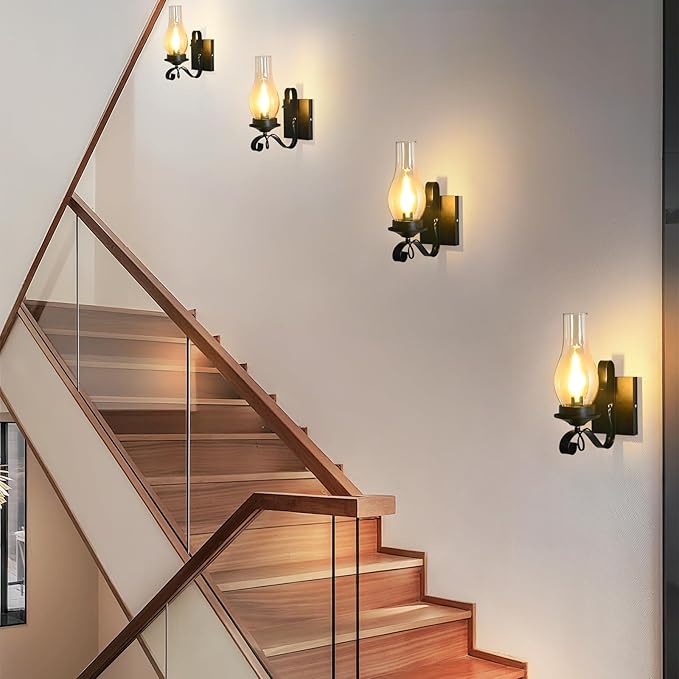 4 Pack Rustic Wall Sconces, Black Hardwired Farmhouse Industrial Wall Sconce Indoor Retro Wall Lamps with Amber Glass, Vintage Bathroom Sconces Wall Lighting Lantern