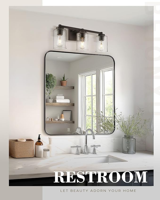Beionxii Bathroom Vanity Lights, 3-Light Vintage Wall Sconce Light Fixtures, Oil Rubbed Bronze Finish with Clear Seeded Glass (24.5" W x 8.7" H) - MB9002 Series