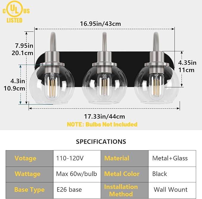 Dpyrrhic Modern 3-Light Vanity Light, Bathroom Lighting Fixture Over Mirror With Clear Glass Shade and Metal Base, Matte Black and Brushed Nickel