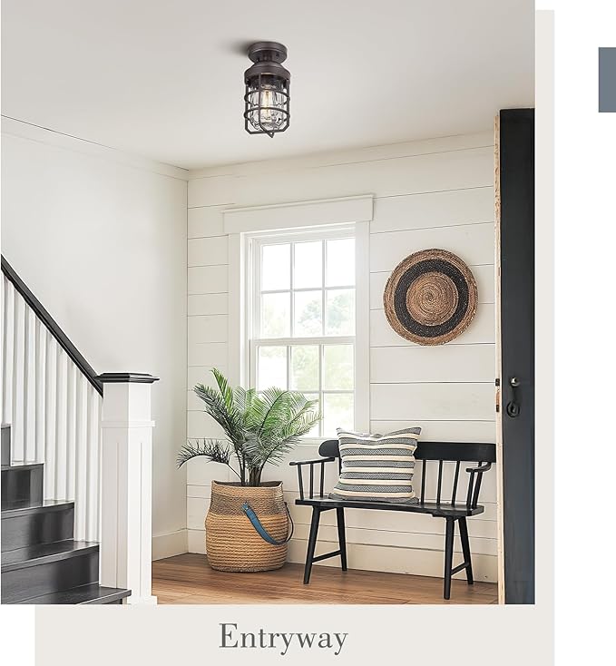 Emliviar Pack of 2 Semi-Flush Mount Ceiling Lights with Water Ripple Glass Shade, Vintage Metal Ceiling Lamps in Oil Rubbed Bronze Finish, GE255LF-2PK ORB-WG