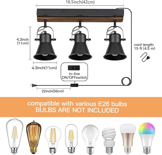 KEESFU 3-Light Plug in Track Lighting Kit,Black Semi Flush Mount Ceiling Light with 3 Rotatable Light Heads,Modern Farmhouse Lighting for Livingroom,Bedroom,Hallway,Art Wall,Bathroom,Kitchen.