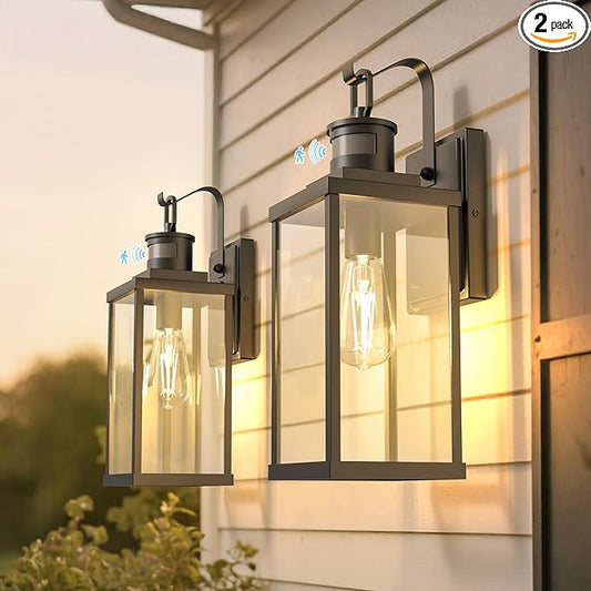 DORESshop Large Size Motion Sensor Outdoor Wall Lights, 16 Inch Matte Black Waterproof Anti-Rust Outdoor Light Fixtures Wall Mount with Clear Glass Shade for Porch, Garage, ETL Listed, 2 Pack