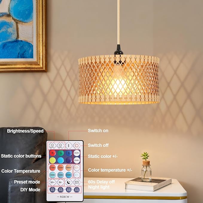 ZSLAIFU Hanging Lamp Plug in Pendant Light, 15FT Hanging Lights with Plug in Cord, Hanging Light with Bulb and Remote, Wood Shade Hanging Lamps for Bedroom, Living Room, Kitchen, Farmhouse