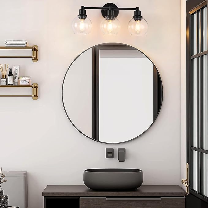 Bathroom Vanity Light 3 Light, Black Bathroom Light Fixtures with Clear Globe Glass Shade, Matted Black Wall Sconce Over Mirror for Kitchen, Living Room