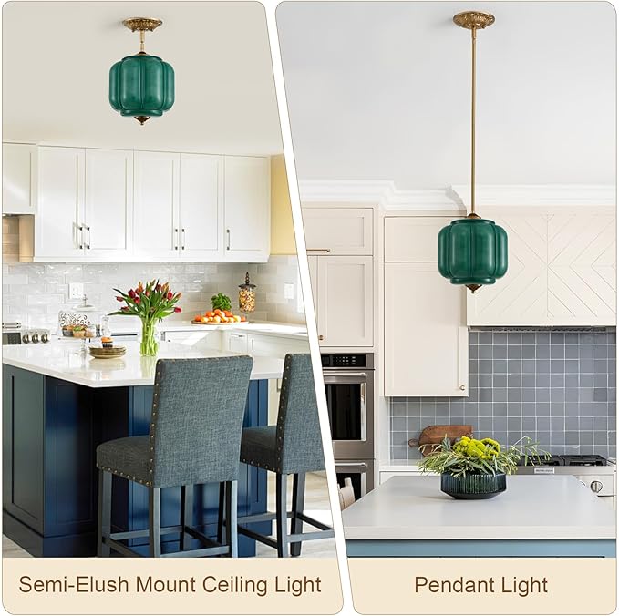 9.8" Milk Glass Pendant Light Fixture Modern Chandelier Vintage Semi Flush Mount Ceiling Light Height Adjustable Green Hanging 1-Light for Kitchen, Hallway, Bedroom, Dining Room