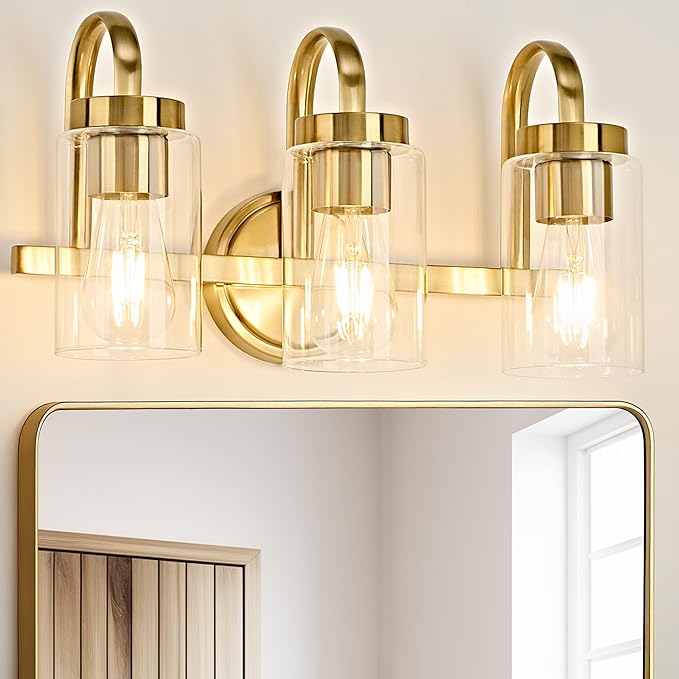 3 Light Bathroom Vanity Light, Gold Vanity Lights for Bathroom, Modern Light Fixtures Over Mirror with Clear Glass Shade, Wall Sconce Lighting for Bedroom Living Room Hallway