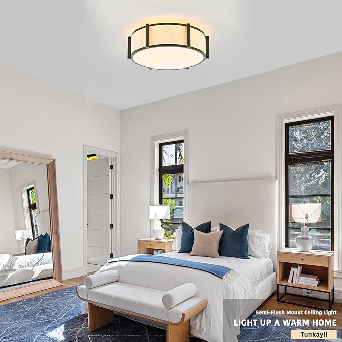 18" Semi Flush Mount Ceiling Light Modern 3-Lights Black Drum Ceiling Light Fixture with Fabric Linen Shade, Vintage Modern Ceiling Lighting for Laundry Room, Kitchen, Basement, Bedroom