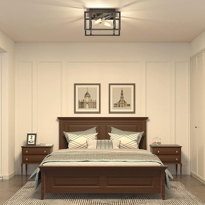 2-Light Flush Mount Ceiling Light Fixture, Industrial Black Metal Ceiling Light, Modern Rectangle Close to Ceiling Light for Hallway, Kitchen, Entryway