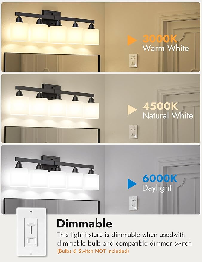 VOLISUN Matte Black Bathroom Light Fixtures, 5-Light Bathroom Vanity Lights Over Mirror, Modern Vanity Light for Bathrooms, Bathrooms Lights Fixtures Over Mirror with Milky White Frosted Glass Shades