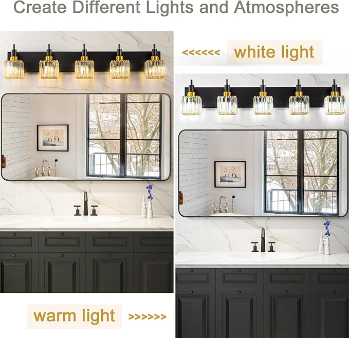 Modern Crystal Bathroom Vanity Light Black Gold 5-Lights Bathroom Lighting Fixtures Over Mirror, Brass Wall Light Fixtures