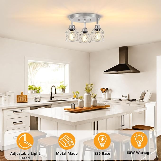 3-Light Brushed Nickel Semi Flush Mount Ceiling Light, Adjustable Kitchen Light Fixtures Ceiling Mount E26 Base Multi-Directional Silver Ceiling Spot Lights for Hallway Farmhouse Foyer