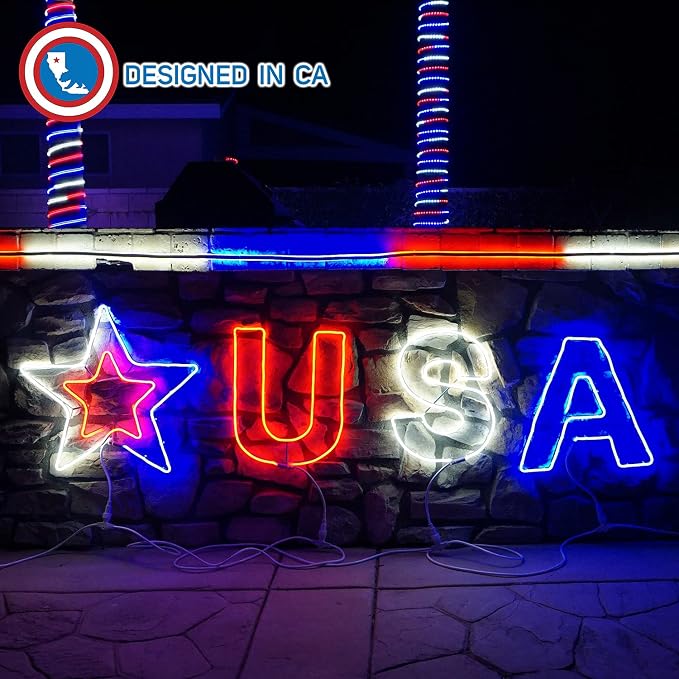 Russell Decor USA Patriotic Yard Sign Liights Star with 4-Level Dimmable Controller Waterproof Outdoor lights Red White Blue (6 ft x 2 ft)