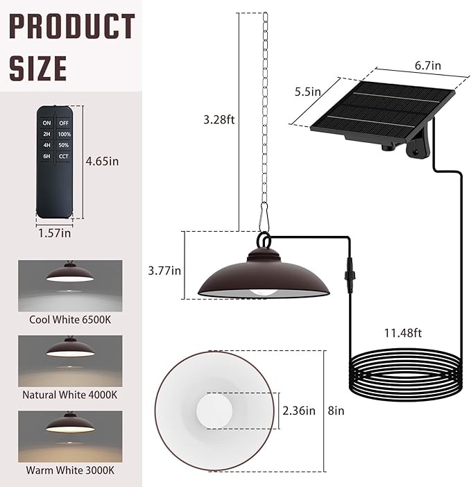 Solar Pendant Lights, Outdoor Indoor 300 Lumen Solar LED Shed Light, with Remote Control: 3 CCT Options, 2 Brightness, Timing Settings, Single Pack, Rubbed Bronze Finish