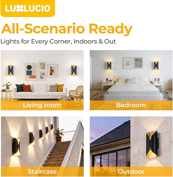 Black & Gold Aluminum LED Wall Sconces, IP65 Waterproof Indoor Outdoor Wall Lights, 1200LM 12W 120V CRI90+ 2700K-5000K 5CCT Dimmable, ETL FCC Listed for Bedroom Living Room Porch Hallway