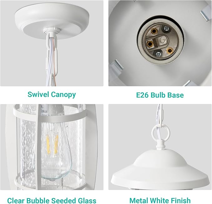 LOUSACE 1-Light Outdoor Pendant Lights for Porch, Exterior Hanging Porch Light Fixture Ceiling Mount Outdoor Chandelier, Waterproof White Aluminum Finish with Seeded Glass, for Gazebo Patio Entrance