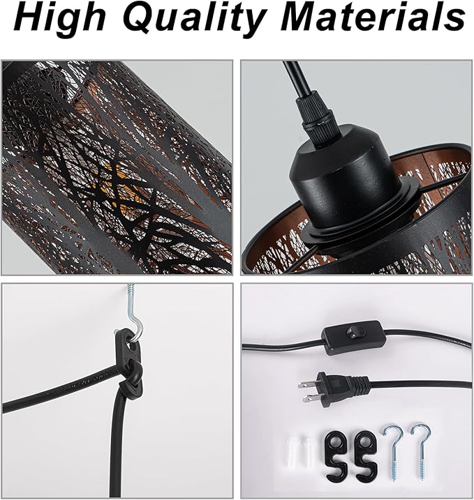 Industrial Black Plug in Pendant Light Vintage Mini Black Gold Hanging Lighting Rustic Hollow-Carved Cylinder Plug-in Pendant Light for Kitchen Island, Bedroom, Dining Room, Hallway