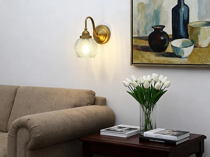 PERMO Vintage Wall Sconce with Clear Ribbed Glass Shade Retro Gold Sconce Bronze Bathroom Wall Light for Loft Kitchen Living Room Bedroom Hallway Doorway