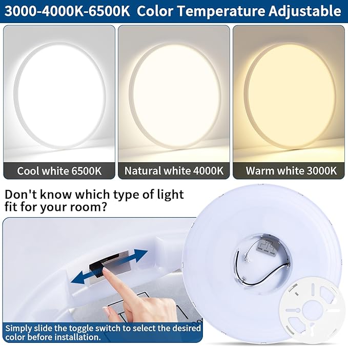 15'' Led Flush Mount Ceiling Light Fixture, 32W 3200LM, Dimmable & 3000K/4000K/6500K Selectable, Modern White Ceiling Lamp for Bedroom, Kitchen, Home Office, Hallway, Wired