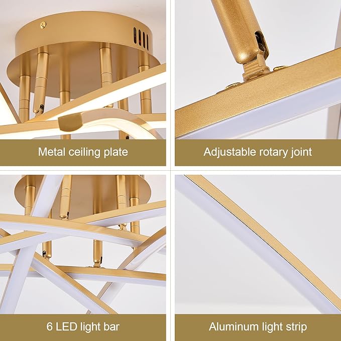 Gold LED Chandelier Semi Flush Mount Ceiling Light, 65W Remote Control Ceiling Lighting Fixture for Living Room Dining Room Kitchen Bedroom 32.8” Close to Ceiling Light Dimmable 3000K-6000K