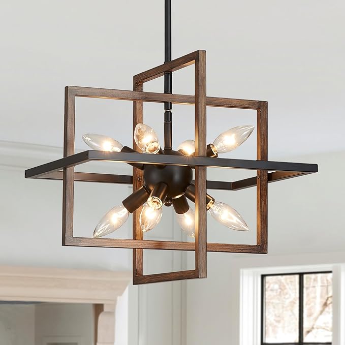 Black Farmhouse Chandelier Ceiling Light Fixtures, 8-Light Geometric Pendant Light Height Adjustable Faux-Walnut Grain Metal Lamp for Entryway, Foyer, Stairway, Hallway, Living Room
