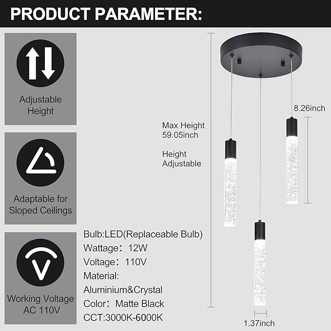 3-Light Bubble Crystal Ceiling Matte Black Integrated Crystal Pendant Chandelier,Dimmable LED Ceiling Light with Adjustable Height for Kitchen Island, Dining Room & Bedroom 3000K -6000K