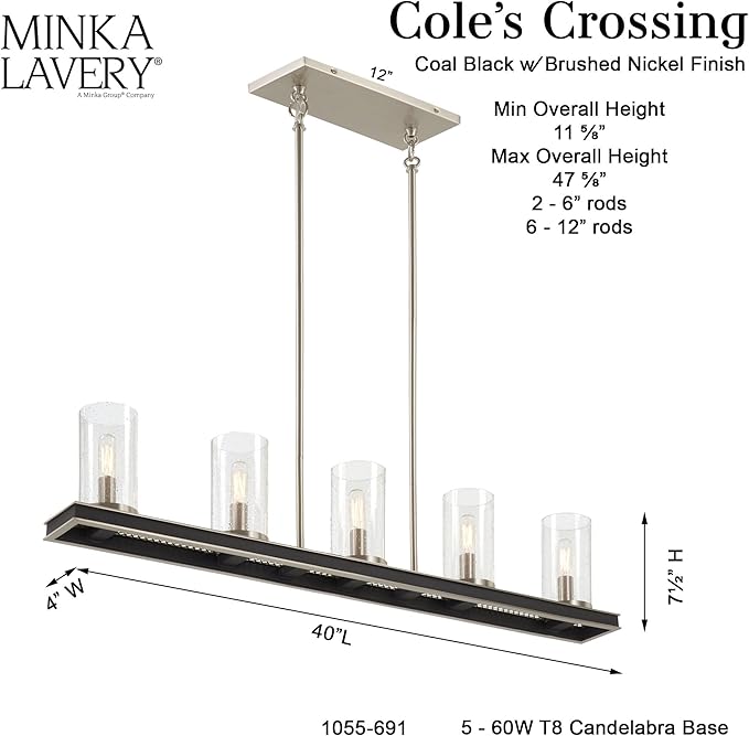 Minka Lavery 1055-691 Cole's Crossing Island Chandelier, 5-Light, 300 Total Watts, 40-in H x 7.5-in W, Coal Black with Brushed Nickel