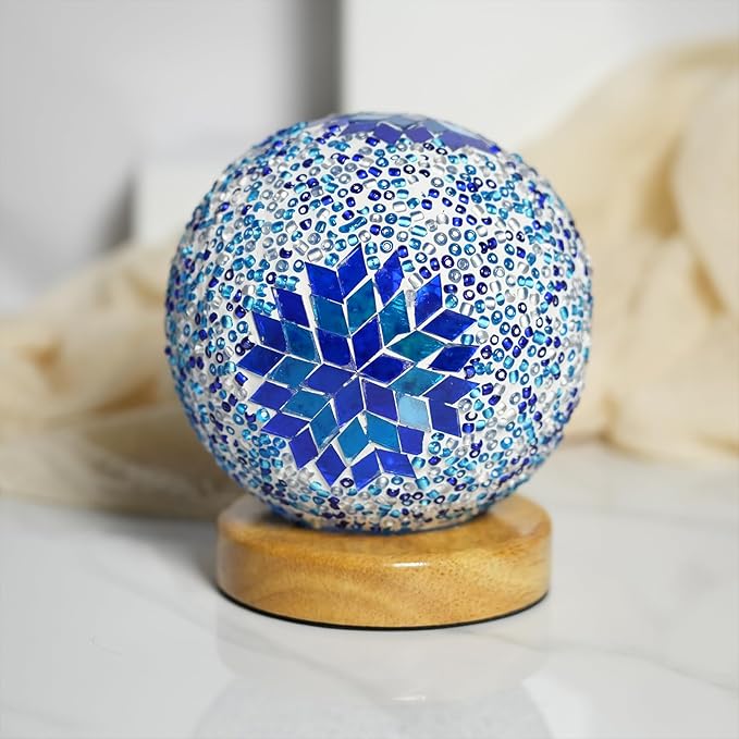 Turkish Table lamp (D:4.7" x H:5.2"),Mosaic Glass Lamps with Wooden Base, Bohemian Tiffany Bedside Lamps, USB Power Moroccan Lantern for Living Room Halloween Decorations (Boho - Sky Blue, Boho)