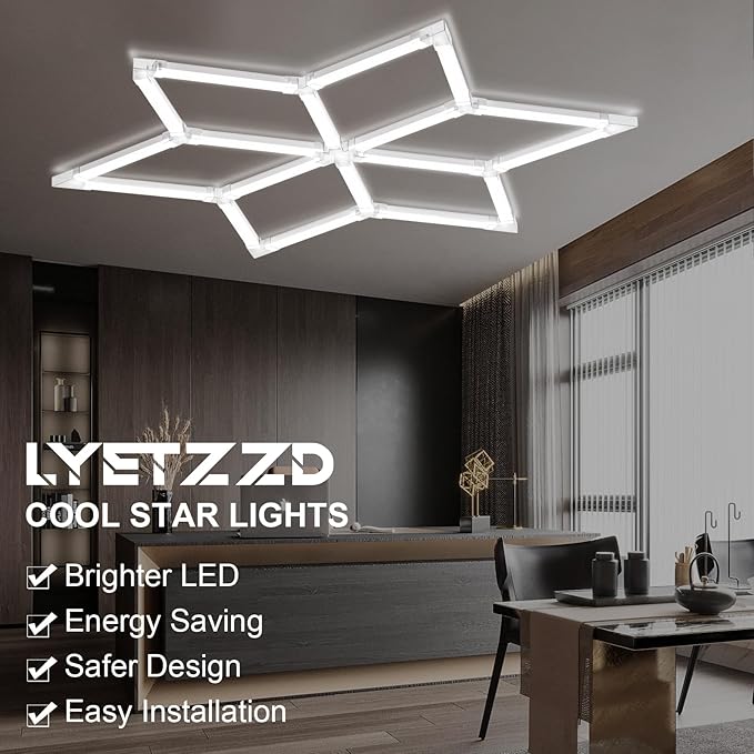 Hexagram Garage Lights 6 Rhombus, 126W 15120LM, 6500K Super Bright Hexagonal Diamond LED Ceiling Light for Garage, Workshop, Gym, Car Detailing Shop