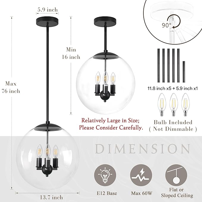 Bagood 14" Globe Pendant Light 3-Light Black Mid Century Pendant Light Clear Glass Lights Kitchen Island Mid Century Adjustable Hanging Farmhouse Globe Fixtures for Living Room Lobby
