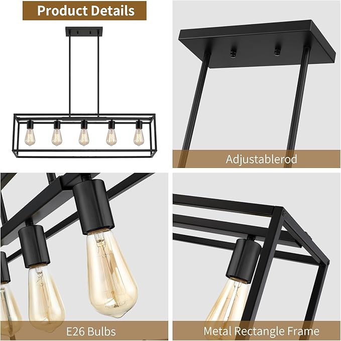 Yusist 5-Light Dining Room Light Fixture,Black Farmhouse Kitchen Island Lighting,Rustic Pendant Light Over Table with Adjustable Rods,Modern Linear Chandeliers for Dining Room Kitchen Island