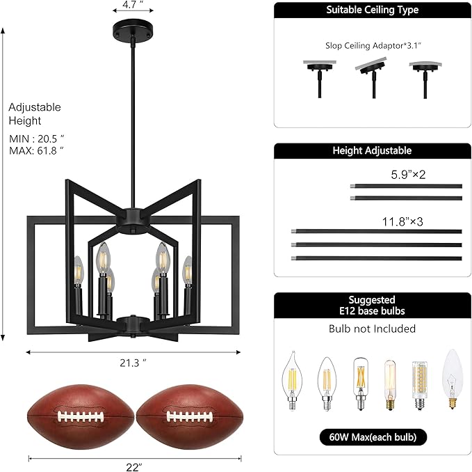 Sigaitwei 6-Light Black Chandelier,Dining Room Light Fixture Geometric Metal Modern Chandelier,Hanging Industrial Chandelier for Dining Room Kitchen Island Entryway Stairway Foyer Hallway.
