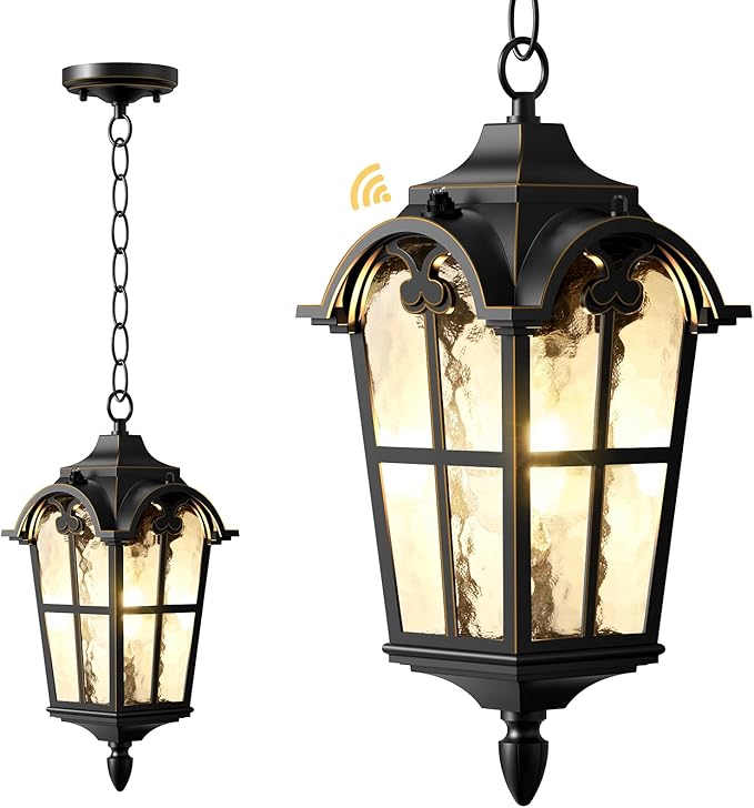 Outdoor Pendant Light Dusk to Dawn for Porch,Anti-Rust Aluminum Outdoor Chandelier, Waterproof Exterior Hanging Lighting Fixtures for Front Door, Gazebo, Black Finish with Gold Edges
