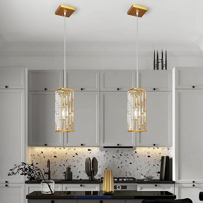 Gold Pendant Lighting Modern Pendant Light, Mini Crystal Chandeliers,Adjustable Pendant Light Fixture for Kitchen Island Dinning Room Bedroom (1 Pack)