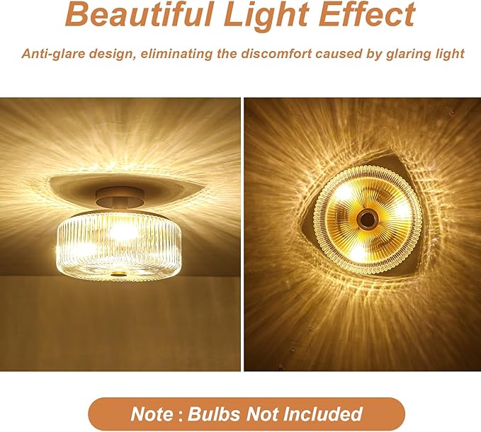 11.8 Inch Gold Semi Flush Mount Ceiling Light, 3-Light Hallway Light Fixture with Seeded Glass Shade, Mid-Century Modern Ceiling Light for Kitchen, Entryway, Foyer, Passage