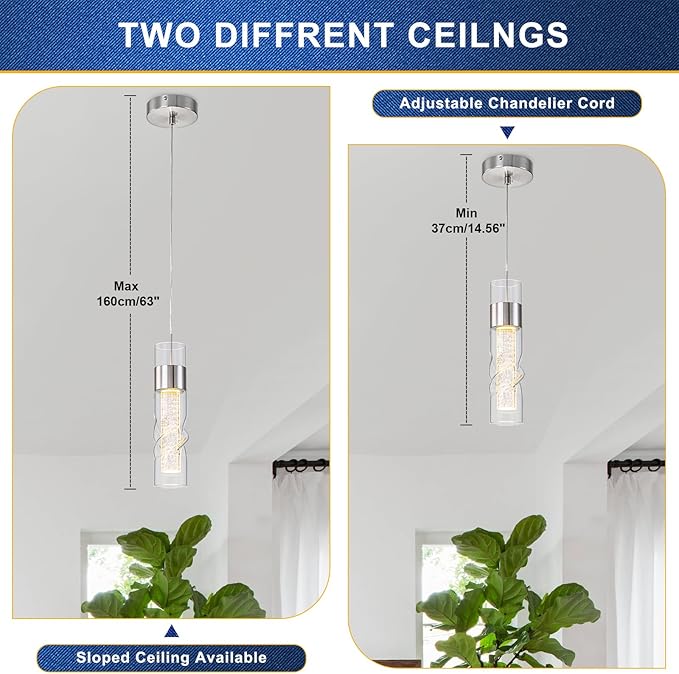 WILON Pendant Lights Kitchen Island, 24W Modern Kitchen Island Lights Brushed Nickel, Ceiling Lighting Fixtures with Crystal Bubble, Integrated LED Hanging Light for Dining Room Restaurant(3 Pack)
