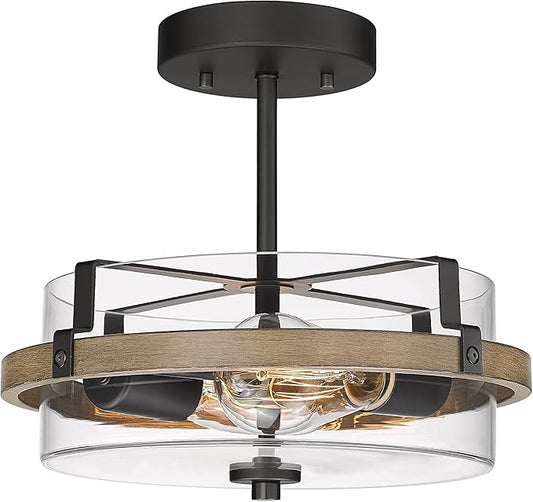 EAPUDUN Farmhouse Ceiling Light, Wooden Semi Flush Mount Ceiling Light Fixtures with Clear Glass Shade, Retro 2-Light Ceiling Lamp for Hallway Entryway Bedroom Kitchen Dining Room SMA1444-FBDT