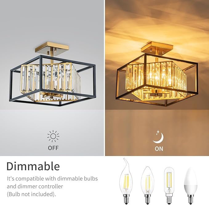 LumFurn 4-Light K9 Crystal Ceiling Light, 2-Tier Square Semi-Flushmount Light Fixture for Living Room, Foyer, Bedroom, L12 x W12 x H7inch, Clear Crystal & Black & Gold Finish