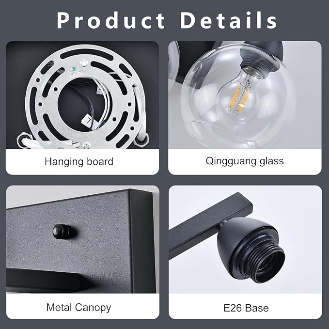 Bathroom Light Fixtures, 1-Light Matte Black Vanity Light with Hand-Blown Globe Glass Shade, High Clarity & Durable, Wall Sconce for Mirror, Kitchen, Bedroom, Hallway